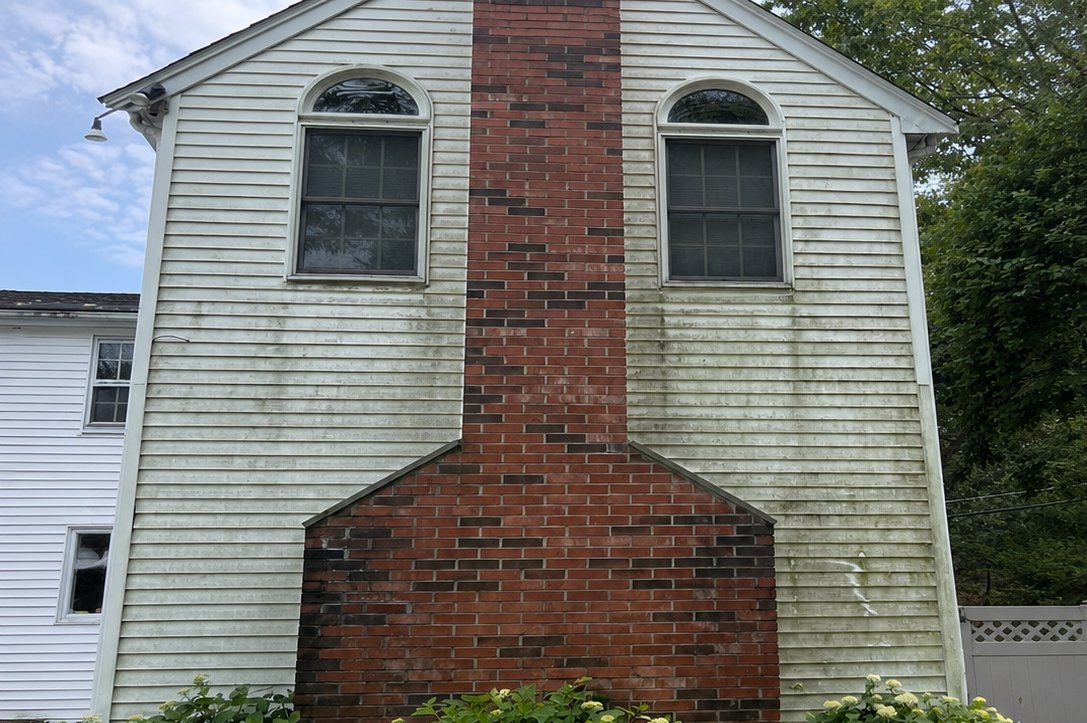 House siding with green algae before washing